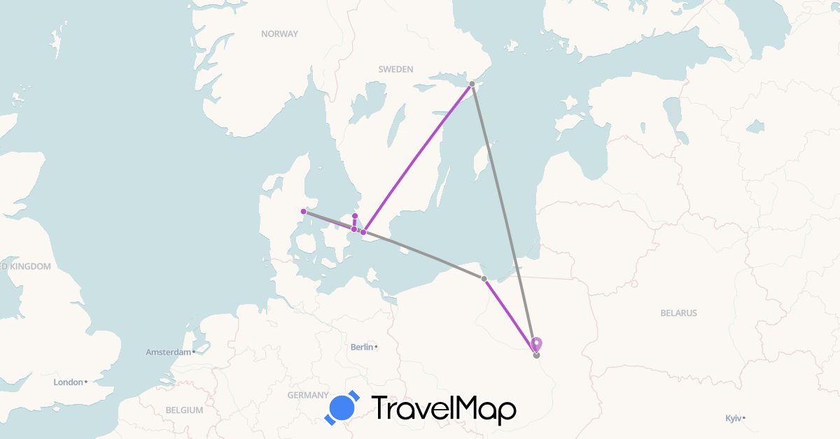 TravelMap itinerary: plane, train in Denmark, Poland, Sweden (Europe)