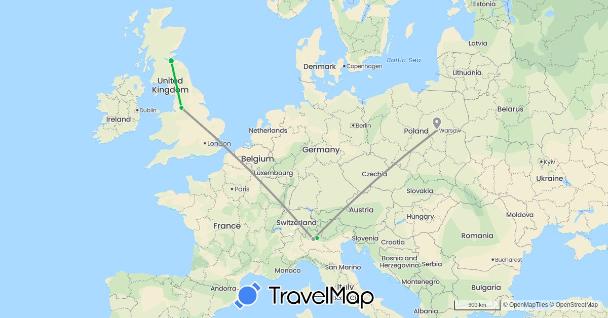 TravelMap itinerary: driving, bus, plane in United Kingdom, Italy, Poland (Europe)
