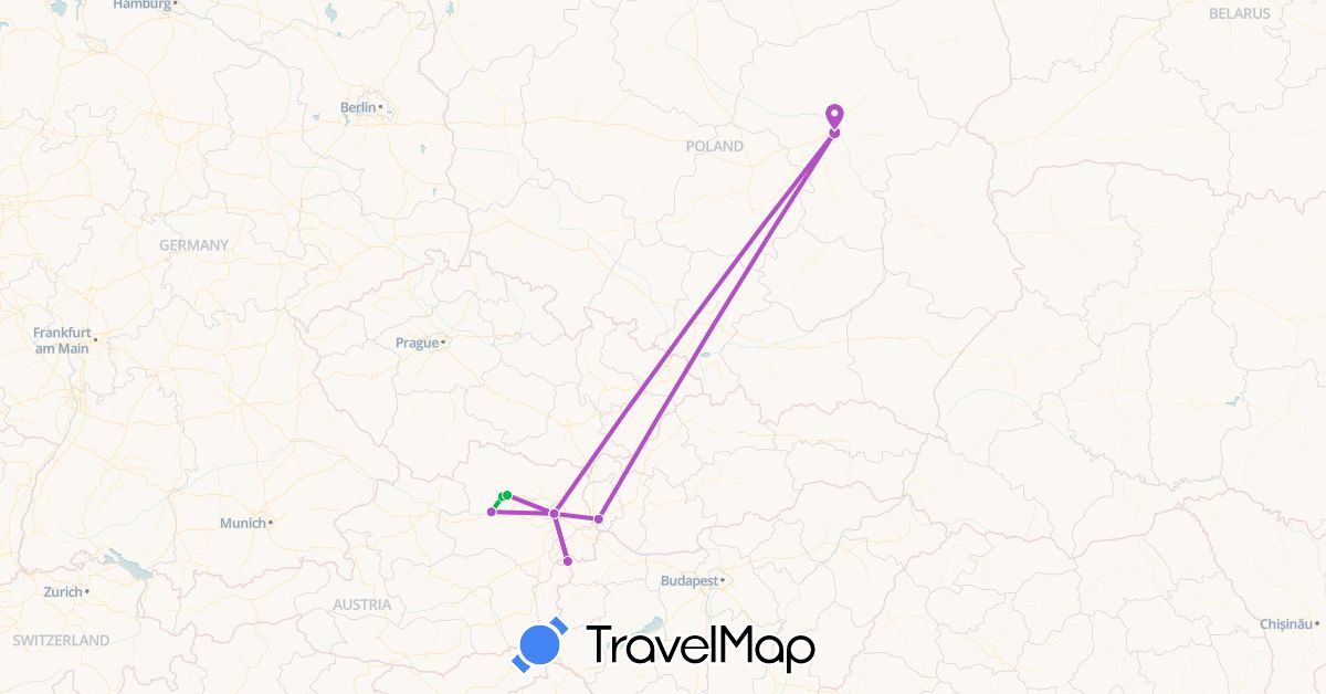 TravelMap itinerary: driving, bus, train in Austria, Hungary, Poland, Slovakia (Europe)